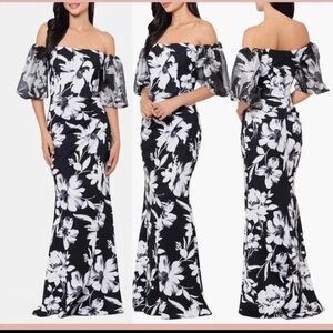Xscape Black and White Strapless Floral Dress